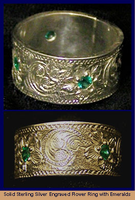 Silver Engraved Ring with Emeralds